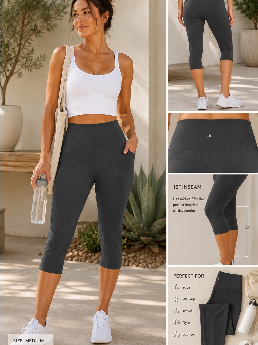 HALARA Charcoal High-Waist Capri Leggings with Side Pockets